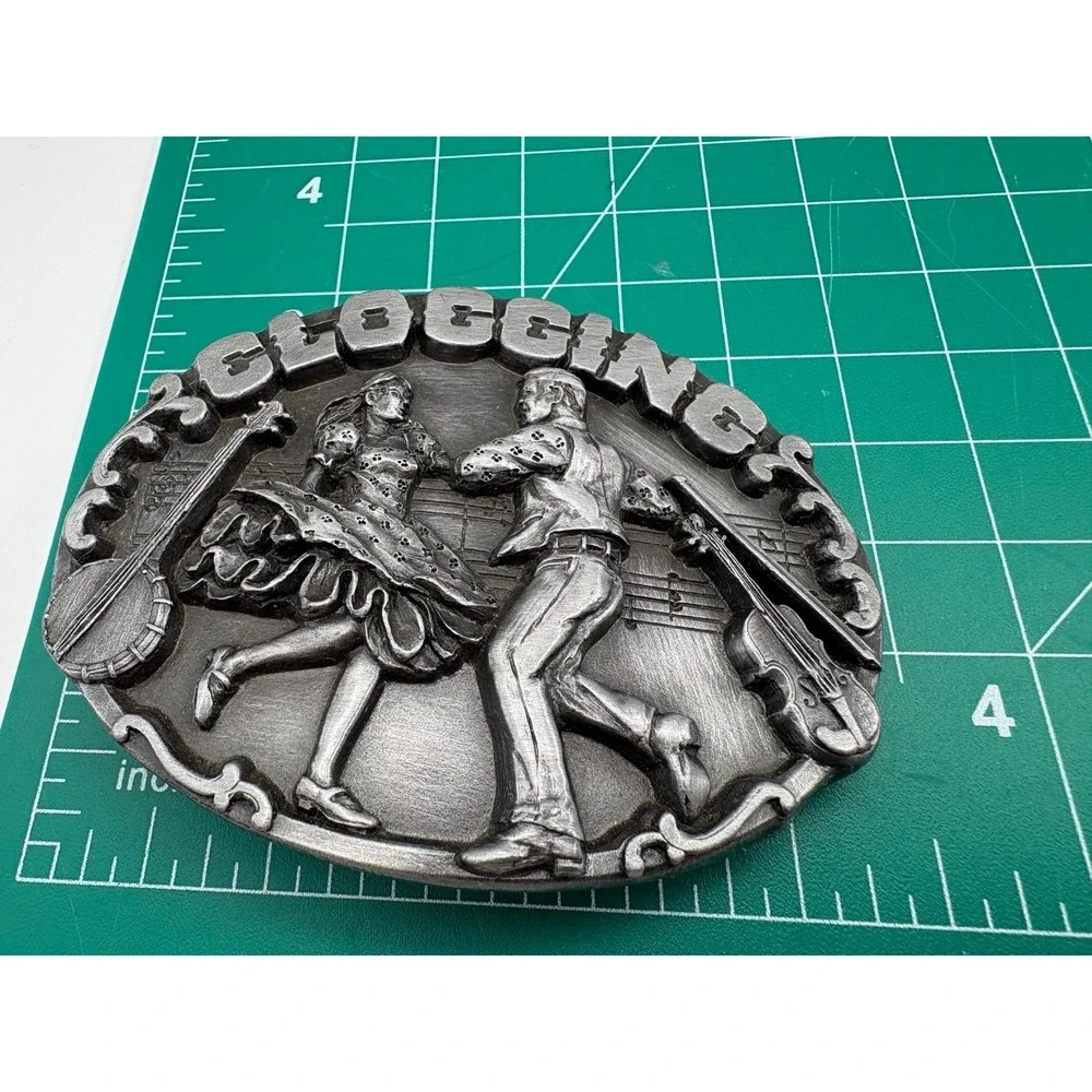 1987 Siskiyou Buckle Co Clogging Pewter Belt Buckle USA Dance Music Banjo Fiddle